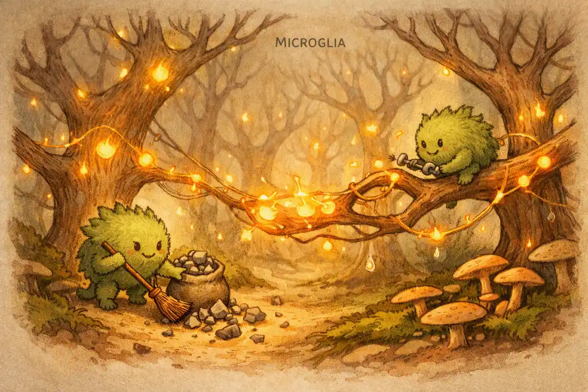 A warm, hand‑drawn editorial illustration showing a microscopic forest‑like landscape inside the human brain. Neuron branches glow like living trees, while tiny microglia—depicted as expressive biological caretakers—quietly maintain the neural environment. One microglia sweeps away debris, and another gently prunes a glowing synaptic branch. The scene blends science with a whimsical forest metaphor, highlighting the brain’s constant internal maintenance.