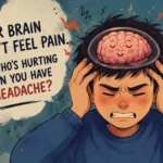 A cartoon person holding his head in pain while a calm brain is shown inside his transparent skull, illustrating the mystery of headaches.