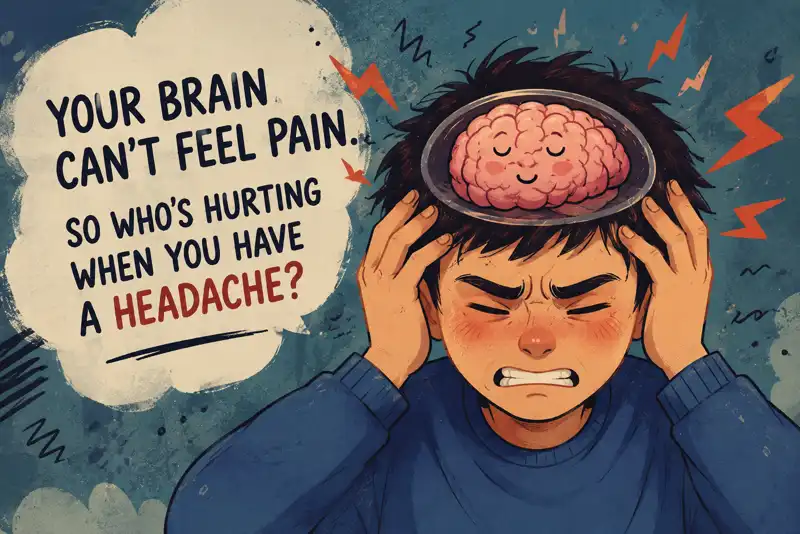 A cartoon person holding his head in pain while a calm brain is shown inside his transparent skull, illustrating the mystery of headaches.