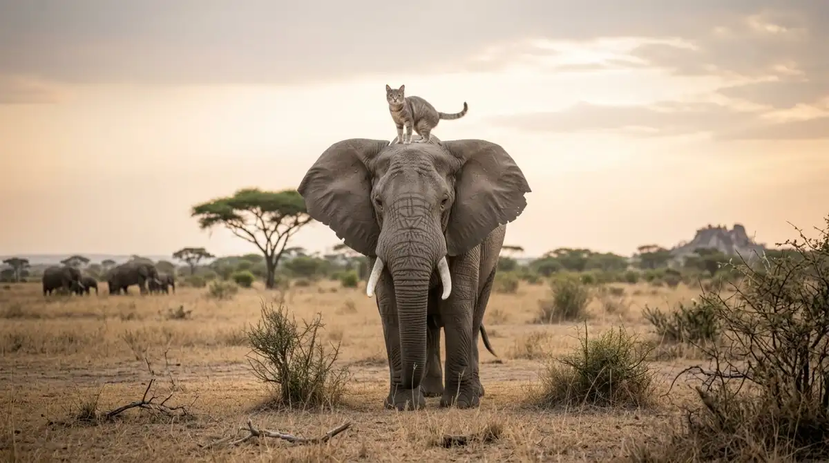 A front view photo showing an African elephant walking on a dry savanna landscape under a cloudy sky. The elephant is in the center with a small gray tabby cat sitting on its head. The cat faces forward, looking slightly up and to the right. The elephant has large ears, ivory tusks, and a trunk that hangs slightly. In the background, there is more dry vegetation with scattered acacia trees and some other animals. Far in the background, there are some hills.