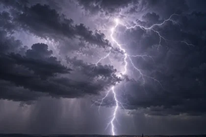 A bright, branching lightning bolt beneath dark thunderclouds over a distant town.