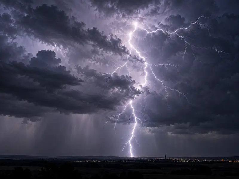 A bright, branching lightning bolt beneath dark thunderclouds over a distant town.